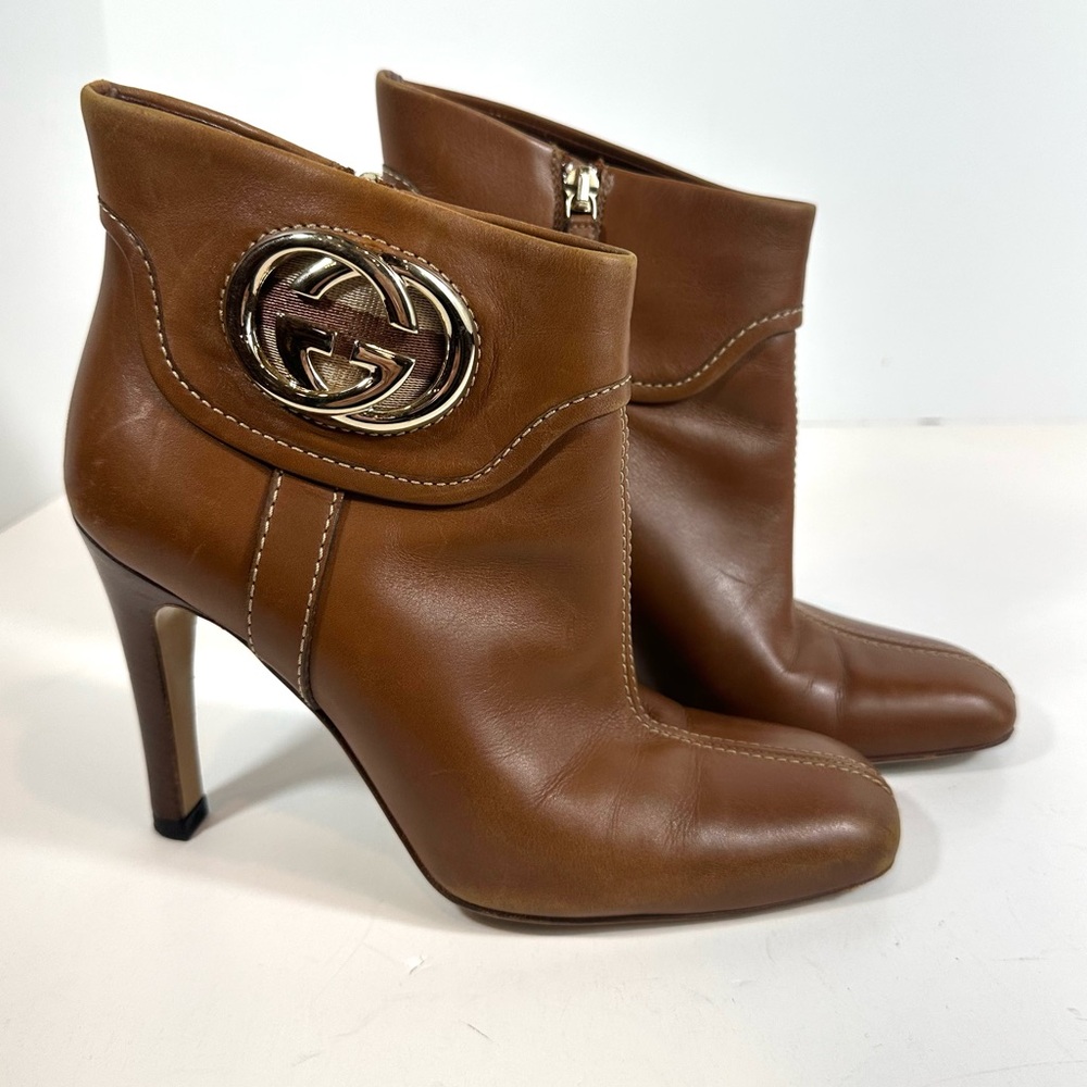 Gucci Brown Leather Interlocking GG Logo Ankle Heeled Boots Size 6 - Picture 1 of 9